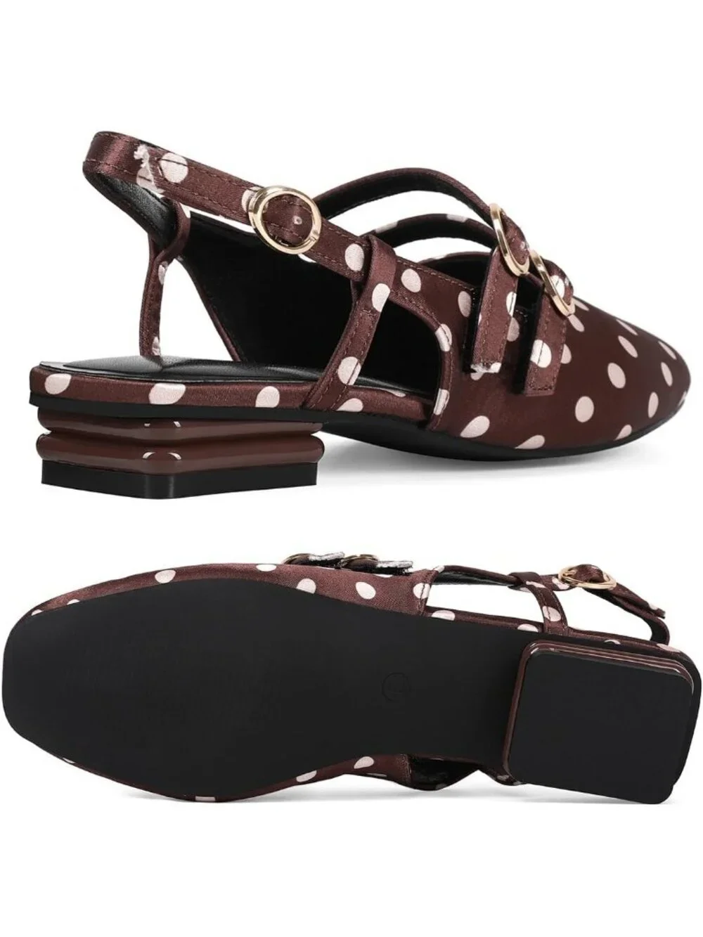 Women's Brown Dot Closed Square Toe Strap Slingback Low Heels for Party Pumps